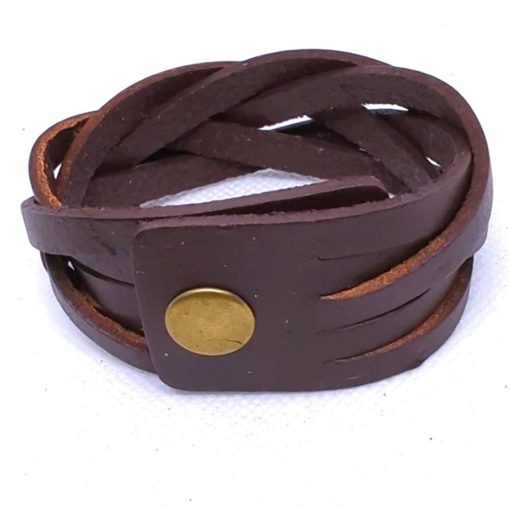 Brown Braided 🤎Faux Leather Snap Cuff Bracelet Biker Southwest Style 8.5 inch